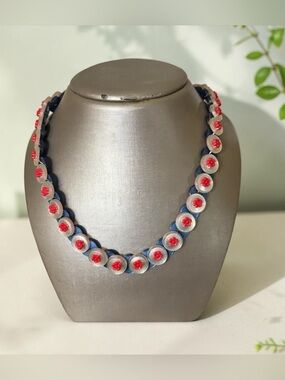 Handmade Button Floral Reversible Necklace with Red/ White/ Blue